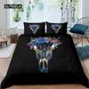 Cow Skull Bed Cover Queen Size Sunflower Cattle/Bull Skeleton Bed Linen Package Botanical Floral Leaves Boho Tribal Polyester Fabric Quilt Cover
