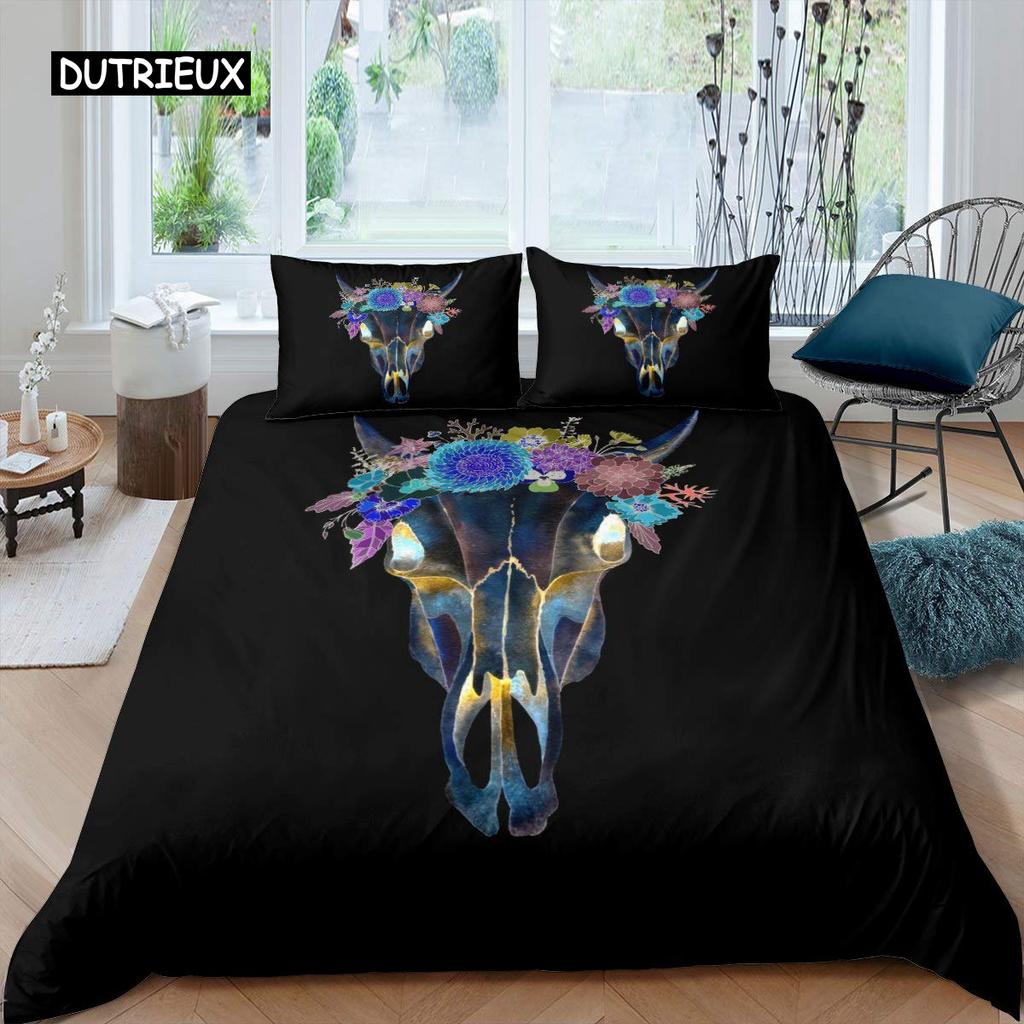 Cow Skull Bed Cover Queen Size Sunflower Cattle/Bull Skeleton Bed Linen Package Botanical Floral Leaves Boho Tribal Polyester Fabric Quilt Cover