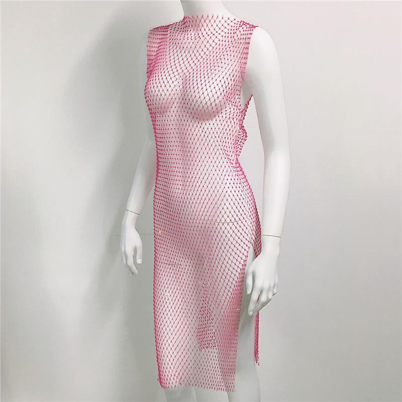 Crystal Diamond Beach Dress Women Sexy V Neck Hollow Out Rhinestone Sleeveless Bodycon Dress 2021 Mesh Party Dresses #0729