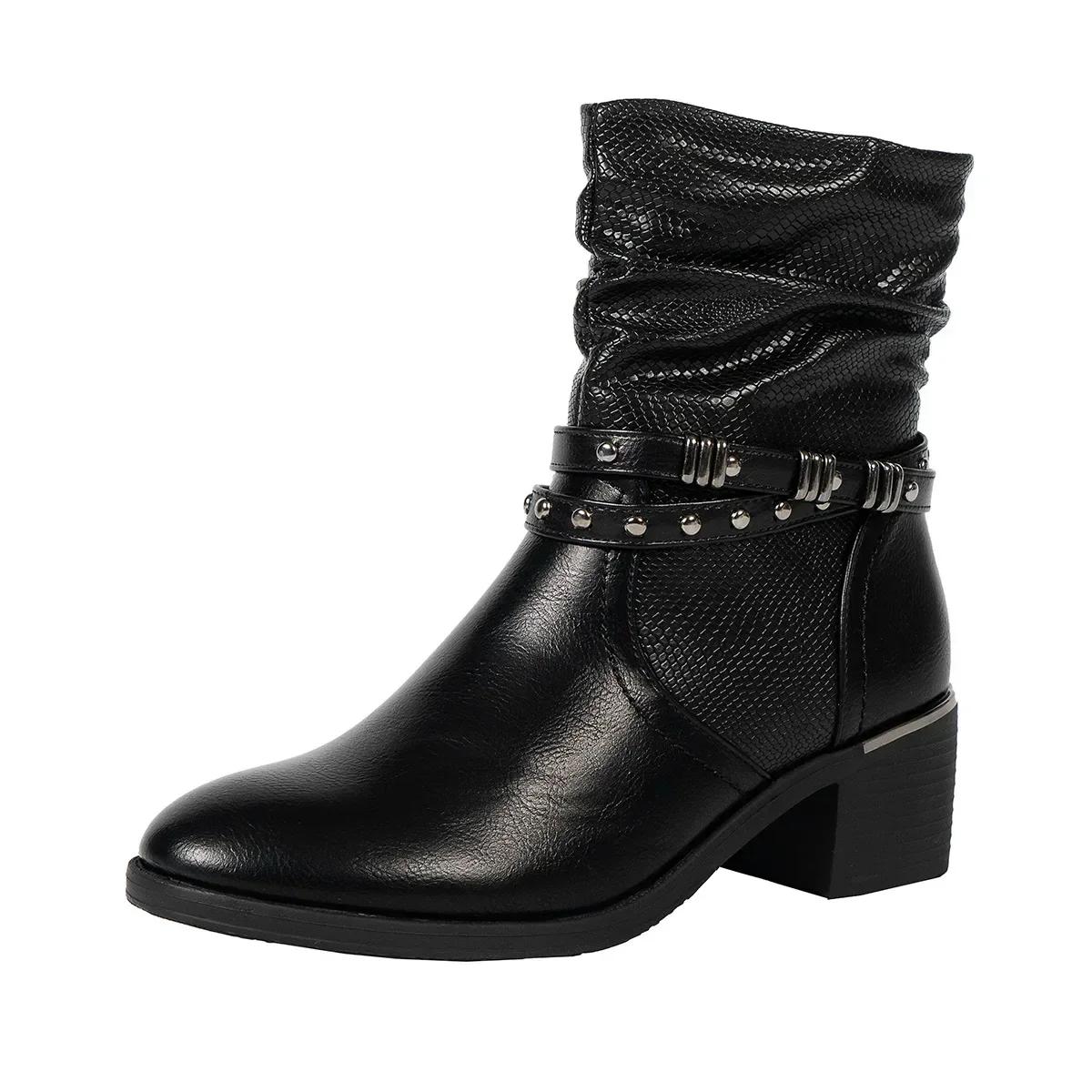 

мода Botas Mujer Ботильоны женские Толстый каблук Комфорт Повседневные женские Высокие сапоги Молния Острый носок Челси Ботинки Женская обувь 2024 36 чёрный