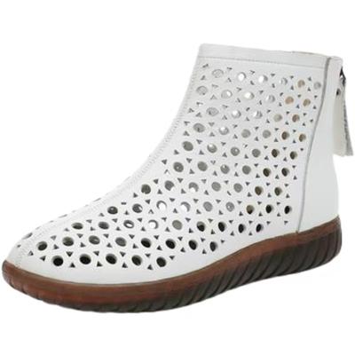 Women's Genuine Leather Hollow Out Big Size Ankle Boots Spring Summer New Soft Sole Non Slip High Top Zipper Flat Sole Cool Boot