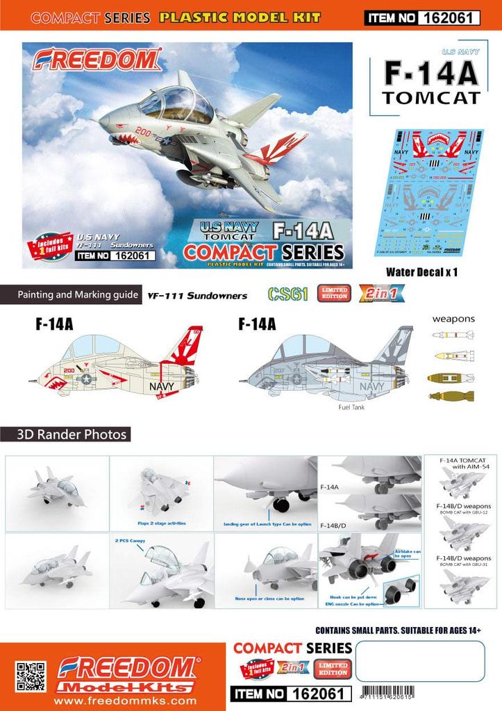 Freedom Model Kits Compact Series US Navy F-14A Tomcat VF-111 Sundowners 2 in 1 Plastic Model Kit FRE162061