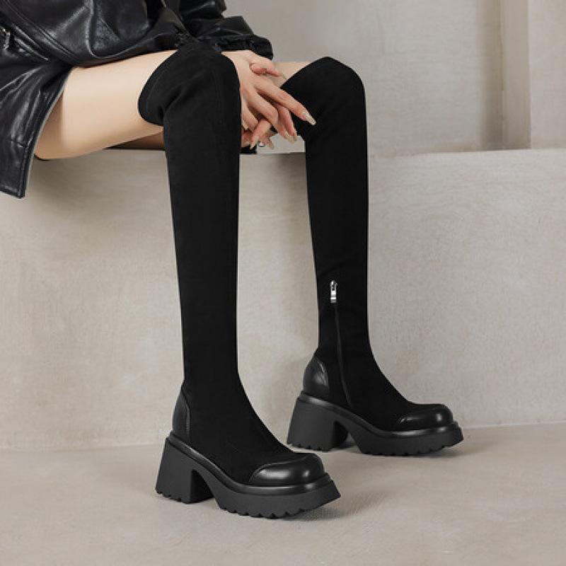 New stretch women's over-knee boots high heel comfortable thick-soled suede women's boots autumn and winter large size leather boots Martin boots wome