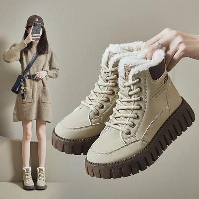 Fashion Women's Boots 2024 Winter New High Top Women Plush Warm Student Cotton Shoes Thick Soled Lace Up Height Increasing Cotton Boots