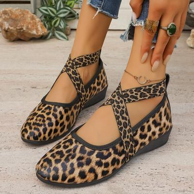 Scarpe Donna Zeppa Singola Moda Punta Tonda Bocca Bassa Stampa Leopardo Cinturino Incrociato Suola Morbida Antiscivolo Basse