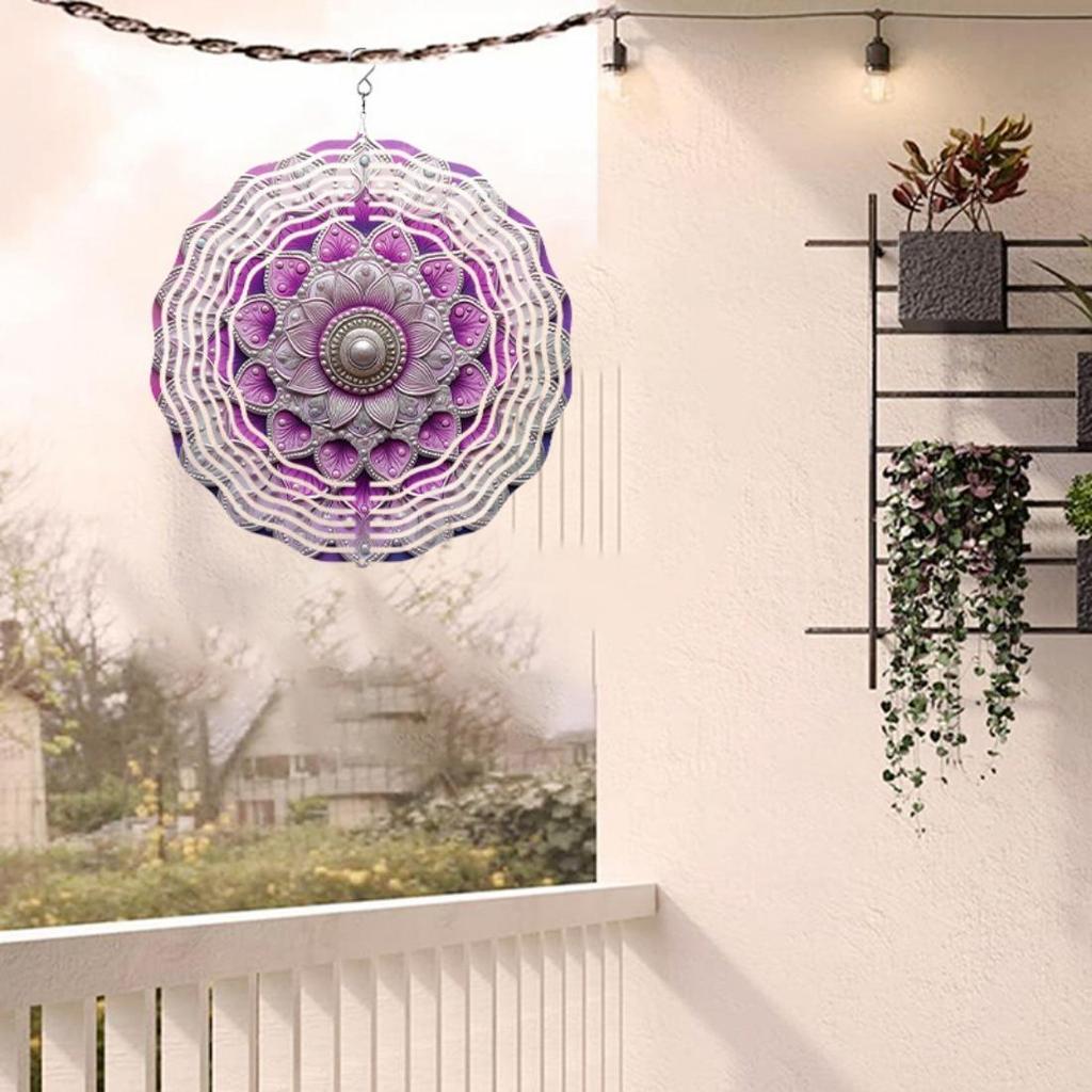 1pc 2D Pink Purple Mandala Wind Chime - Intricate Metal Hanging Spinner for Garden and Patio Decor, Outdoor Ornament with Floral Patterns
