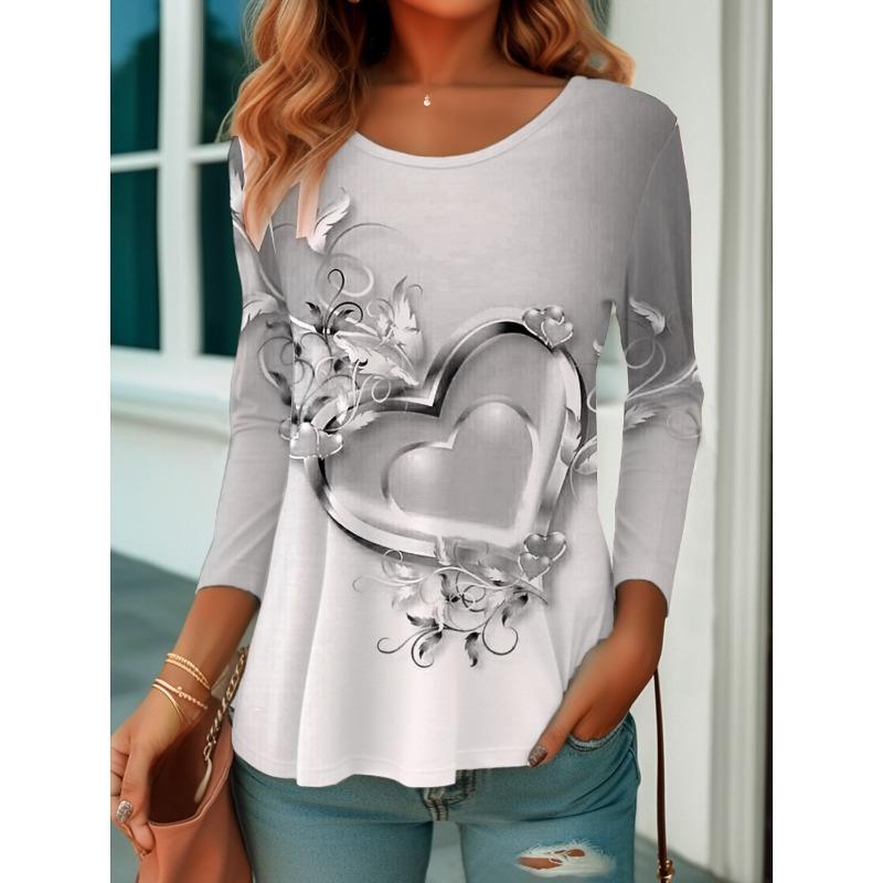 

Топ с круглым вырезом и 3D-принтом Love , повседневная женская футболка с длинным рукавом - мягкая полиэстеровая ткань средней эластичности, одежда свободного кроя для весны и осени 5XL