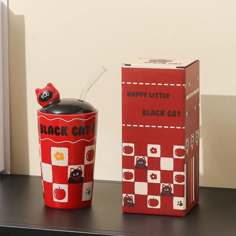 Cat Ceramic Mug with Lid and Straw