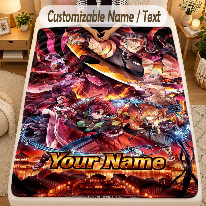 Flannel BlanketDemon Slayer Custom Name Text Personalized Soft Warm Throw Blanket Home Decor Gift