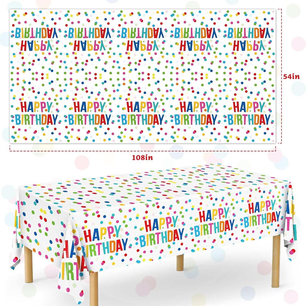 3pcs Birthday Tablecloth, Happy Birthday Decorations Set, Colorful Rainbow Dots Design with Happy Birthday Tablecloth. Waterproof Plastic Table