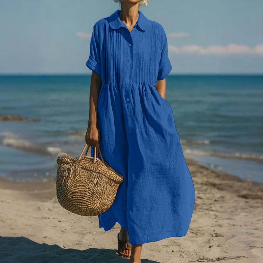 European and American New Women's Long Dress Casual Loose Lapel Button Pleated Short Sleeve Cotton and Linen Dress Women