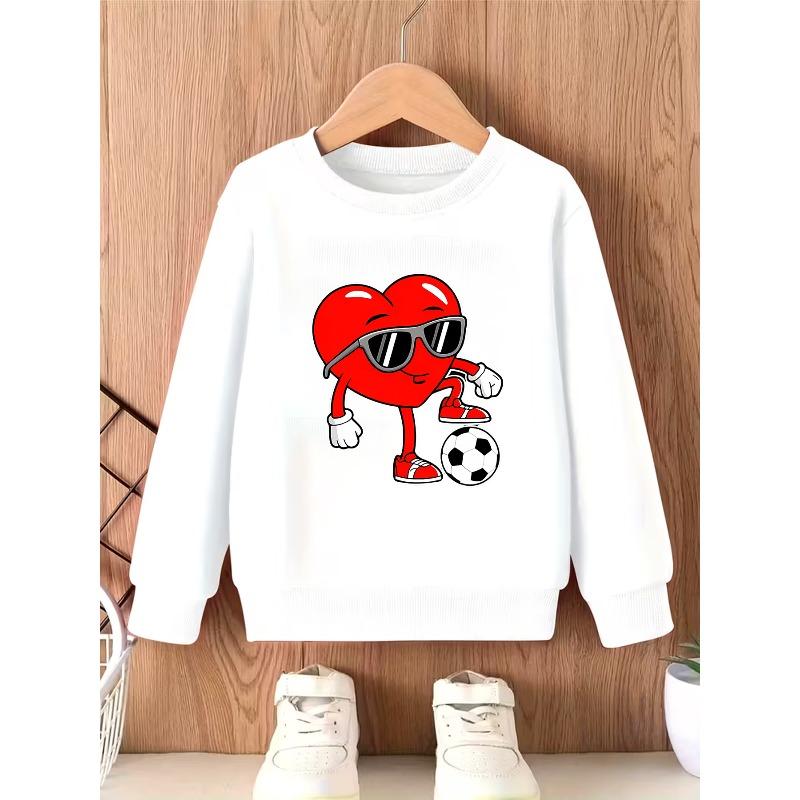 European sizes Valentine's Day Kids' Crewneck Sweatshirt - Stylish and Versatile Lightweight Sweatshirt with Heart and Soccer Ball Print