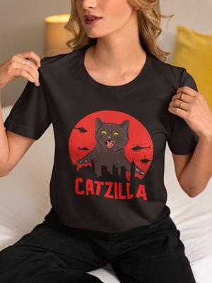 Catzilla T-Shirt Lustiges Katzenliebhaber Grafik-Tee Geschenk für Ihn Sie Kätzchen Unisex Oberteil