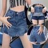 High Waist Denim Shorts Women With Side Slit Faux Two-Piece Design Relaxed Fit Slimming Wide Leg Casual
