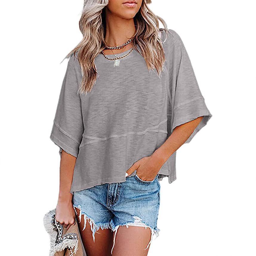 Casual Loose Fit T Shirt With Spliced Cotton Polyester Blend For Women