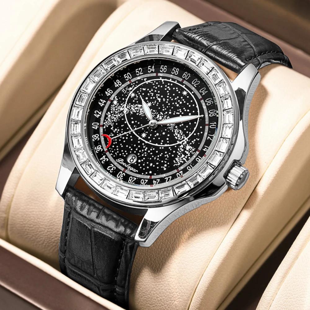 POEDAGAR Men's Fashion Leather Quartz Watches Starry Sky Diamond Style Waterproof Luminous Luxury Sport Blue Wristwatch