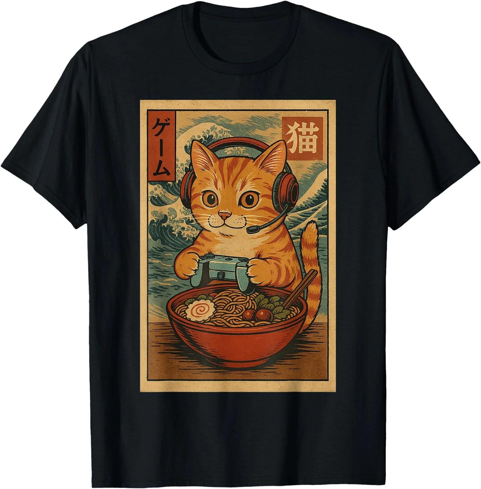 Kawaii Anime Gamer Cat Ramen Retro Japanese Gaming Funny T-Shirt XL