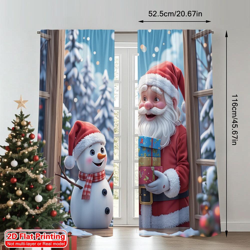2 Stück 2D Flachdruck Weihnachtsfenstervorhänge Weihnachtsmann Schneemann Winter Weihnachten Polyester Ohne Strom 0 Perfekt für