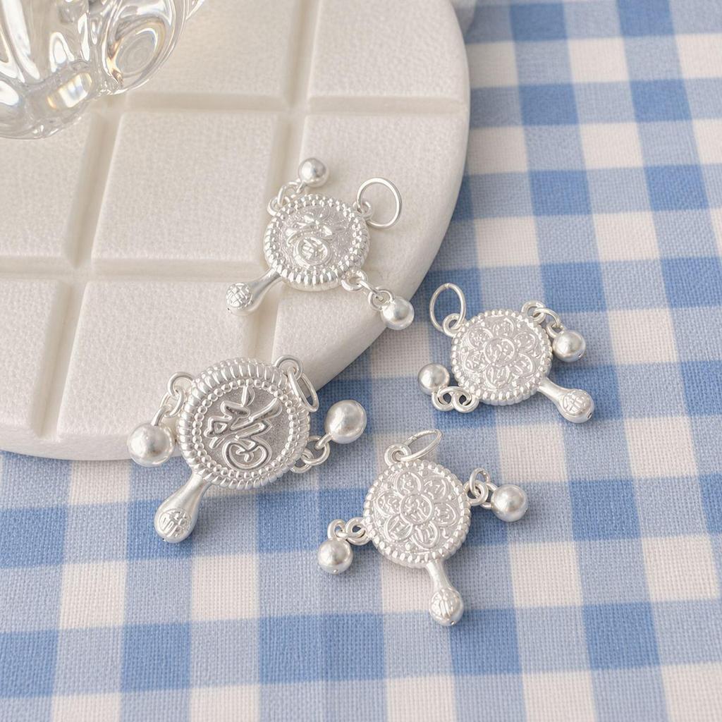 999 Sterling Silver Retro Fu Character Baby Safety Rattle Pendant for DIY Hand Rope Accessories