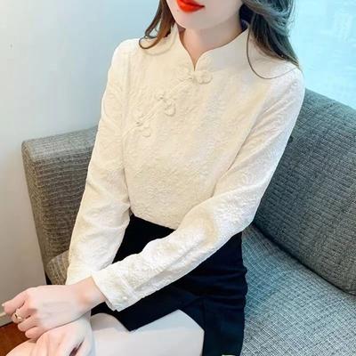 Retro Buttoned Long-sleeved Shirt for Women Spring New Style New Chinese Style Inner Bottoming Shirt Fashionable Temperament Top