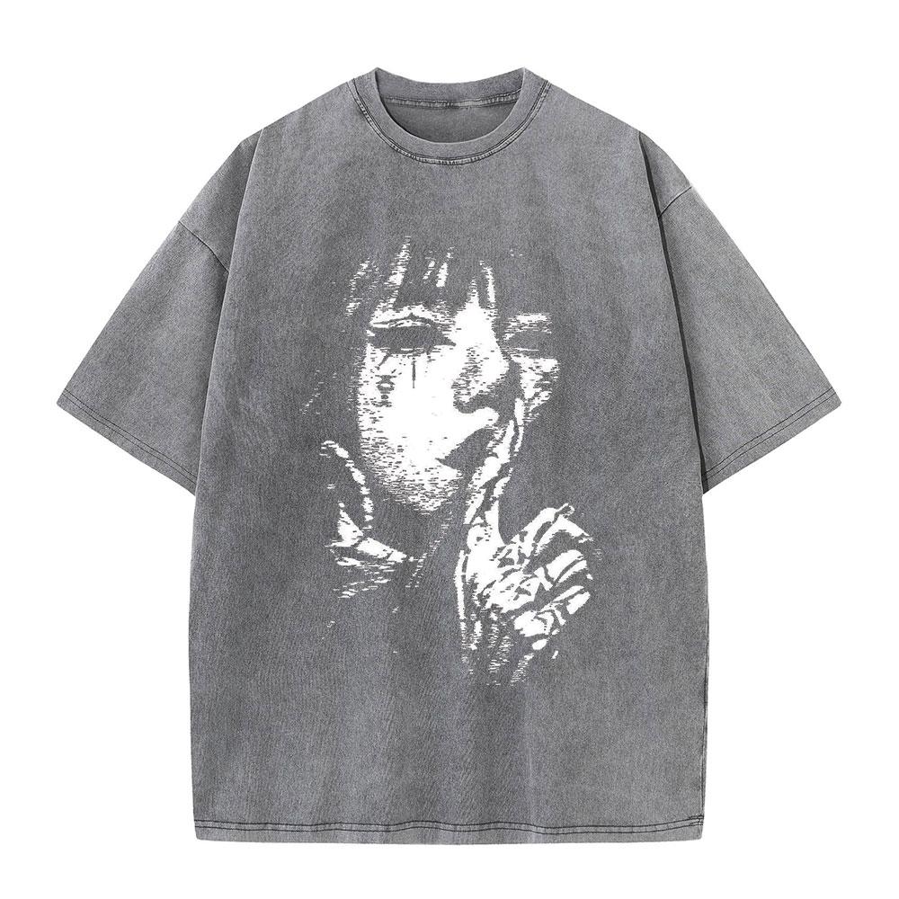 Herren Y2K Gewaschenes T-Shirt mit Street-Style Grafikdruck Harajuku Hip-Hop Kurzarm T-Shirt