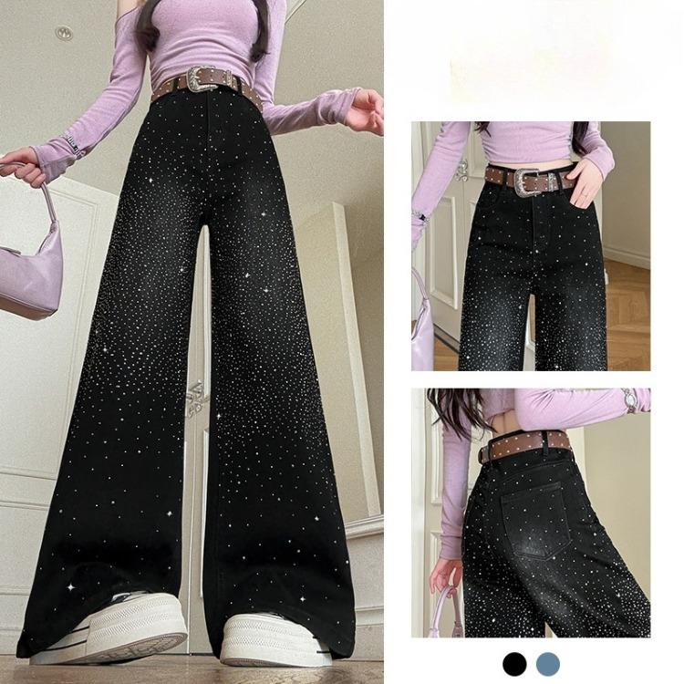 Women Rhinestone Pants  Fashion Stretchy Wide Leg Palazzo Trousers Korean Style