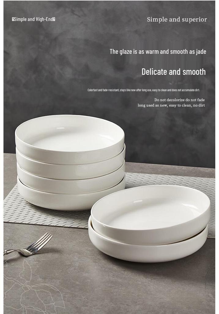 White Ceramic Deep Dish Bowl and Plate – Simple, Large Capacity for Household Tableware and Dining.