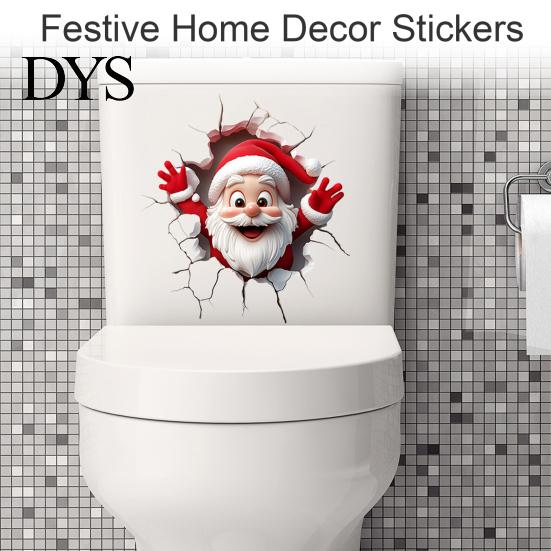Removable PVC Mural Christmas Toilet Sticker, Funny Santa Claus Lid Tank Decals Self-Adhesive 3D Hole Waterproof Decal for Bathroom Decoration Festive