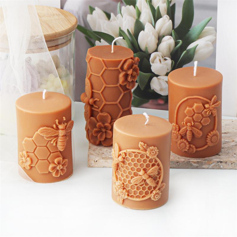 3D Relievo Flower Bee Honeycomb Cylindrical Candle Mold DIY Aromatherapy Soap Gypsum Silicone Mould Craft Gift Home Decor