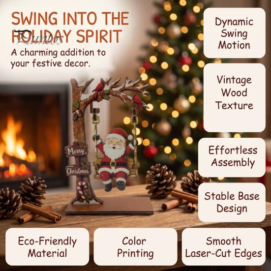 Creative Christmas Desktop Ornaments Wooden Ornaments, Santa Snowman Figurine with Moving Holiday Decorations Swing, Rustic Tabletop Centerpiece