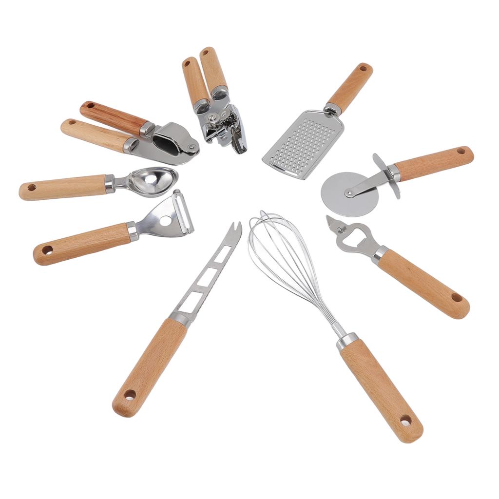 9pcs Kitchen Utensils Wooden Handle Stainless Steel Easy Cleaning Wear Resistant Colorful Package Co