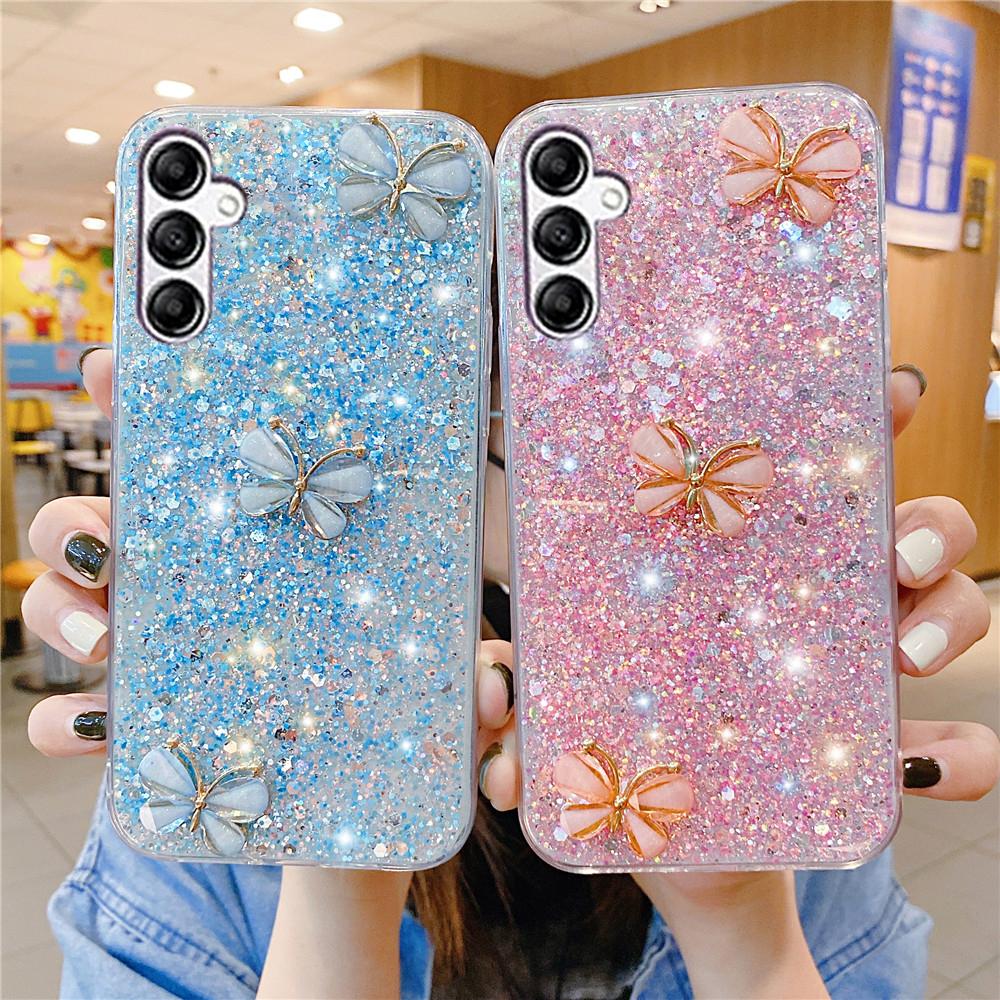 

М який чохол для телефону з блискучим 3D метеликом для Samsung Galaxy S24 S21 S22 S23 Note 20 10 Ultra Plus S20FE S21FE S23FE силіконова накладка For Samsung S22 рожевий
