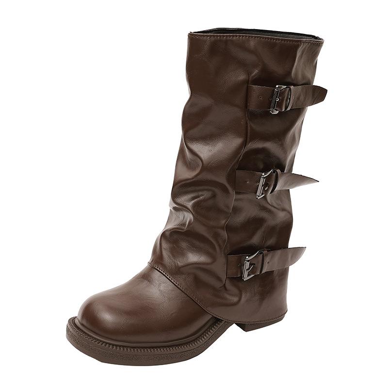 Niche retro kozačky na silném podpatku střední výšky westernové kovbojské kozačky kozačky na sloupku rytířské kozačky raný podzim martinky francouzské dámské kozačky