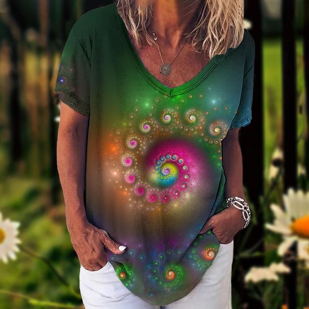 Summer Women's T-Shirt Bohemia Ethnic Style Short Sleeve Tees Fashion V-neck Loose Tops Daily