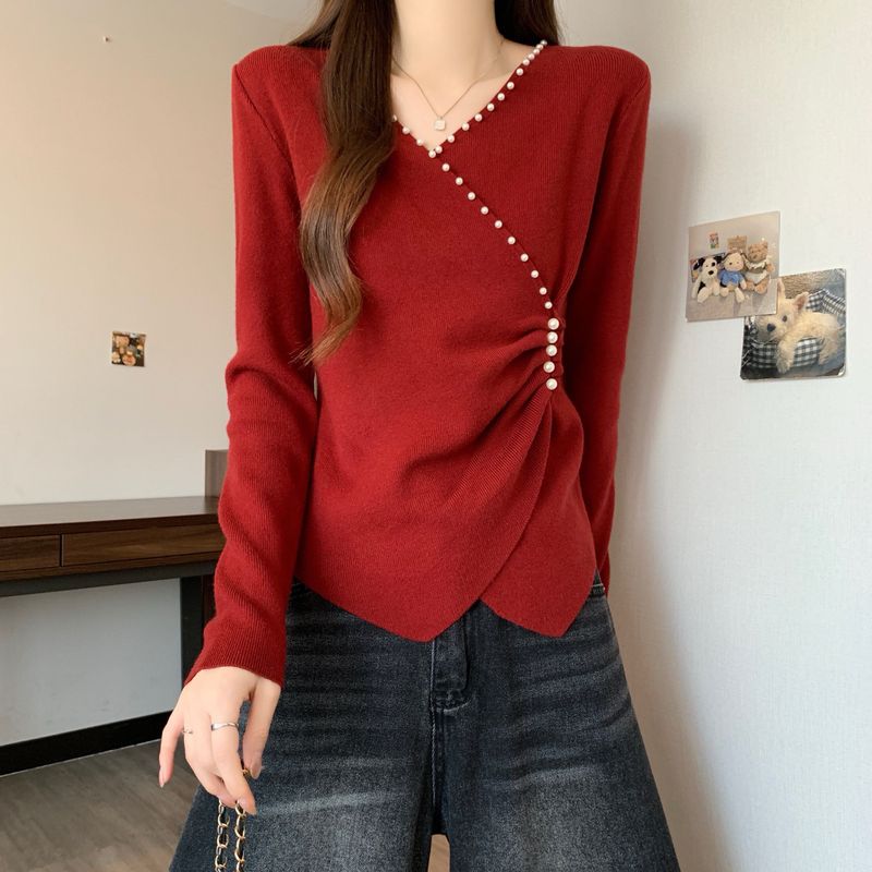 Plus-Size French-Style V-Neck Long-Sleeve T-Shirt for Women, Spring and Autumn, Slim-Fit, Waist-Cinching Knit Top for Curvy Figures