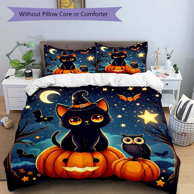 

3pcs Starry Sky Cat and Owl Halloween Print Cover Set Ultra Soft, Breathable, and Comfortable Bedding with Stylish Design for Bedroom and Guest R 135x200cm