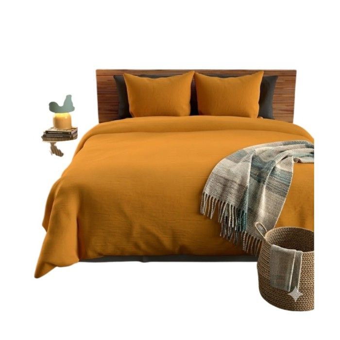 Parure de lit - EDEN - 240x260 cm - Jaune moutarde - Microfibre 100% polyester - 2 taies 63x63 cm