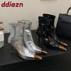 Mode Silber Mode Metall Spitzschuh Moderne Damen Stiefeletten mit Absätzen Schuhe Reißverschlüsse Damen Kurze Stiefel Weibliche Pumps Schuhe