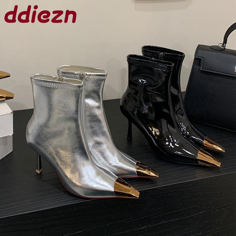 Mode Silber Mode Metall Spitzschuh Moderne Damen Stiefeletten mit Absätzen Schuhe Reißverschlüsse Damen Kurze Stiefel Weibliche Pumps Schuhe