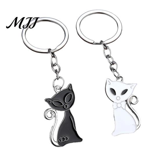 Metal Key Ring 2Pcs Black White Cat Keychain for Backpacks, Oil Dripping Enamel Kitten Ring, Bag Schoolbag Charm Decoration Accessories