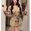 Womens Short Khaki Trench Coat Slim Fit Waist Belt Casual Chic Blazer Style Jacket
