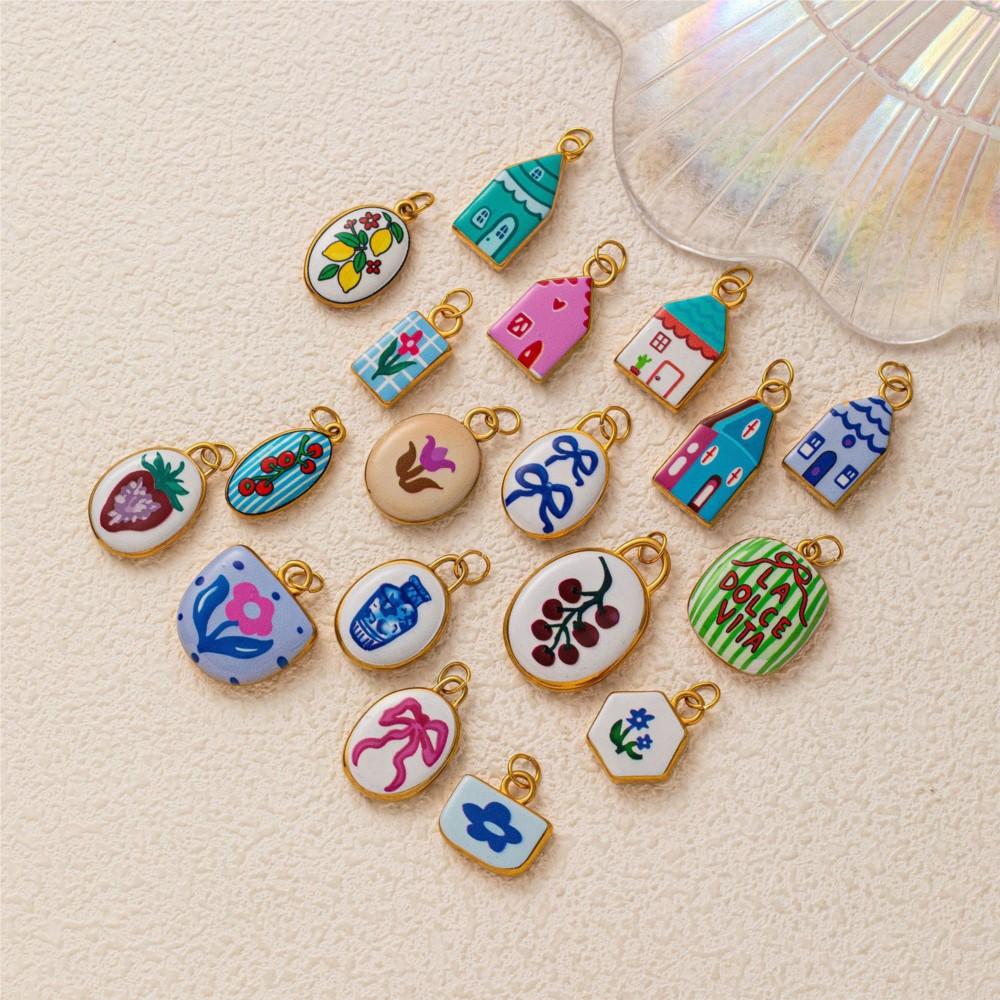 INS Hand Painted FUN Muticolor Flower Pedant For Women Strawberry lemon Charm DIY Making  Bracelet Necklace Gift Accessories