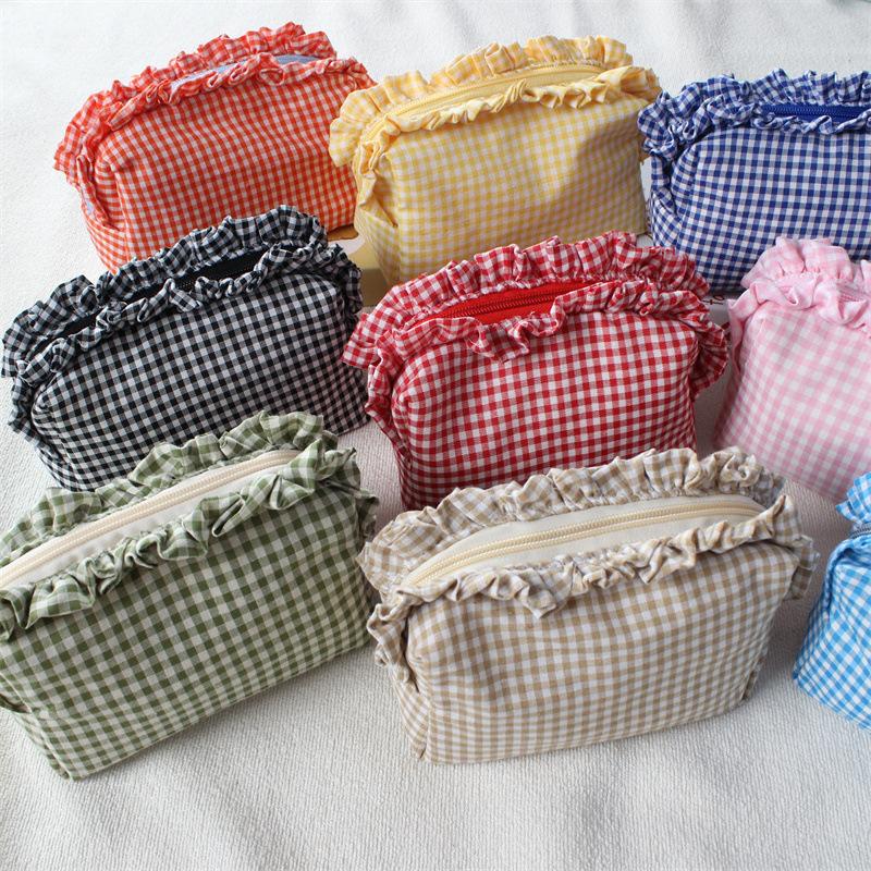 Cute High-Value Makeup Bag Case Fresh Grid Lace Pencil Case Portable Large Capacity Toiletry Cosmetic Bag Student Storage Pouch