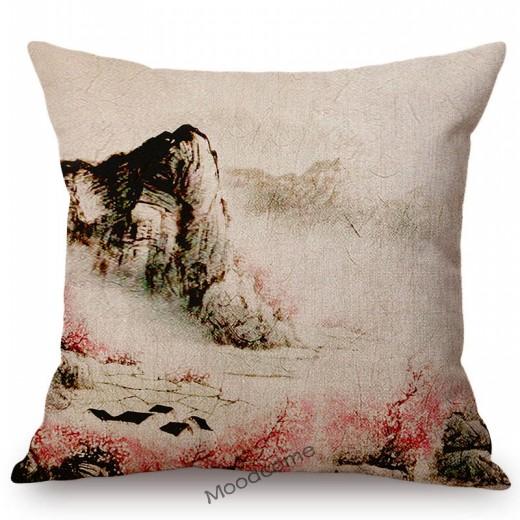 Traditional Chinese Ink Oil Painting Mountain Scenery Cotton Linen Sofa Throw Pillow Case Home Decoration Car Cushion Cover Case