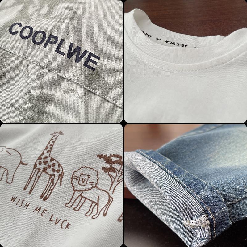 Boys' Suit 0-5 Years old children's Casual Long sleeved shirt Jacket Round neck White cartoon Top Denim pants Three piece set Boys' baby Clothes