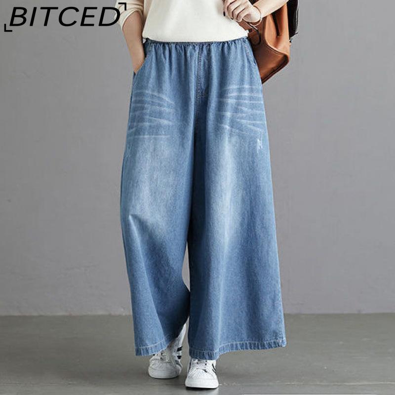 

BITCED Свободные и обтягивающие талии джинсовые брюки широкого кроя для женщин, весенние свободные брюки большого размера с высокой талией, прямые и большого размера, с хорошей драпировкой XXXXXXL синий
