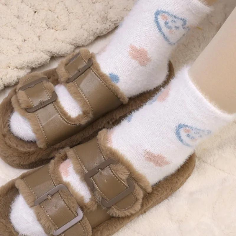 Winter Snug Plush Warm Socks Women Cartoon Thermal Middle Tube Sock Girls Feet Protection Bright Color Soft Thick Lining Hosiery