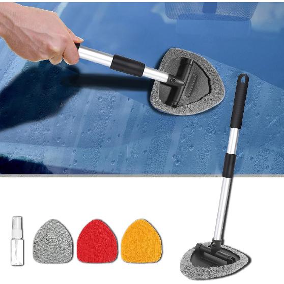 Car Window Cleaner, Car Cleanser Brush, Car Accessories Car Cleaning Supplies Tools, Car Cleaning Kit with Extendable Handle, Microfiber Cloth, Spray