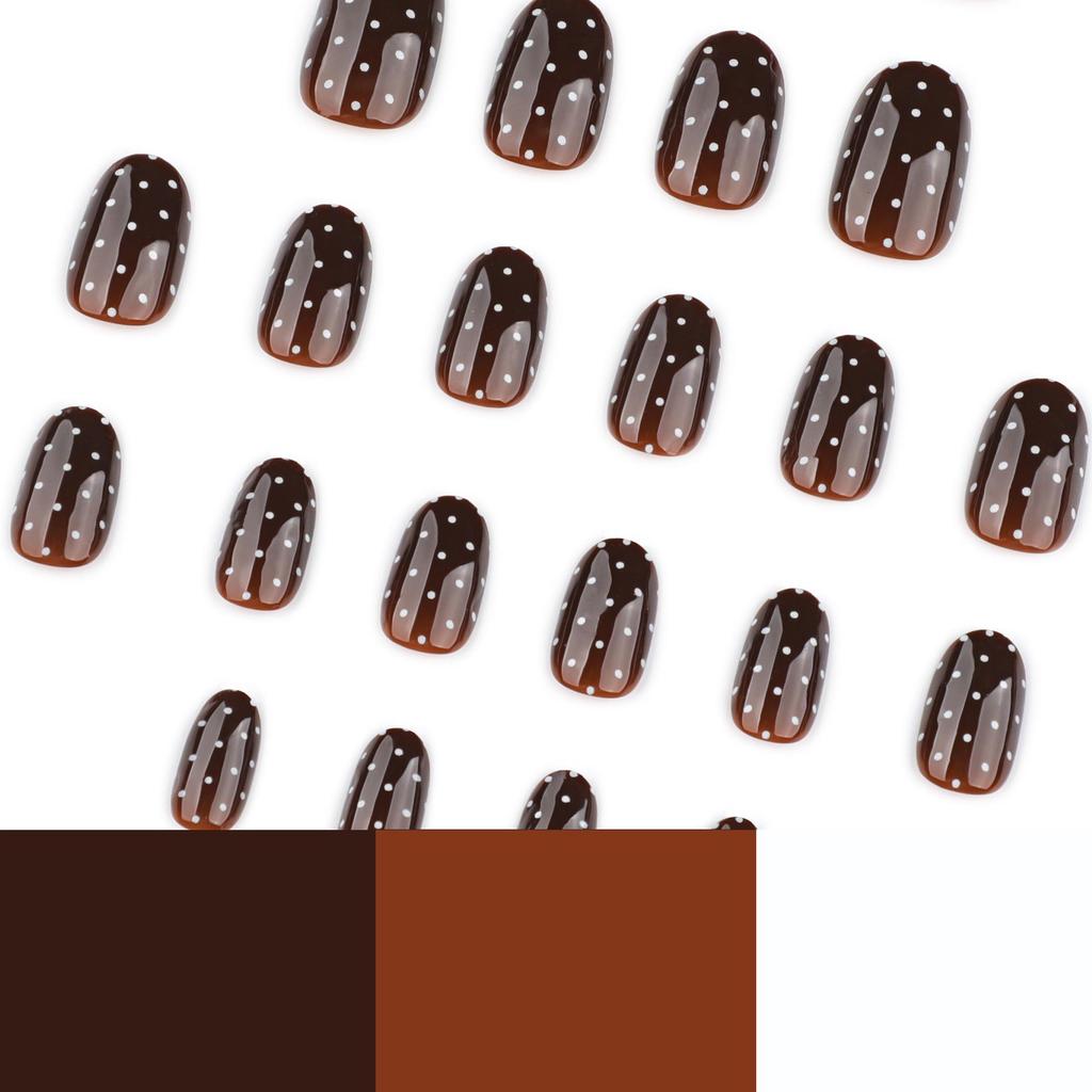 Brown Series Autumn/Winter Wearable Nail Art - Short Round False Nails with White Polka Dots