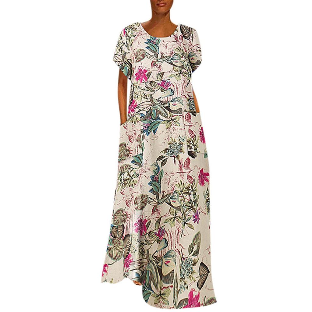 Women Round Neck Half Sleeve Flower Print Robes Style  Kaftan Loose Long Dress